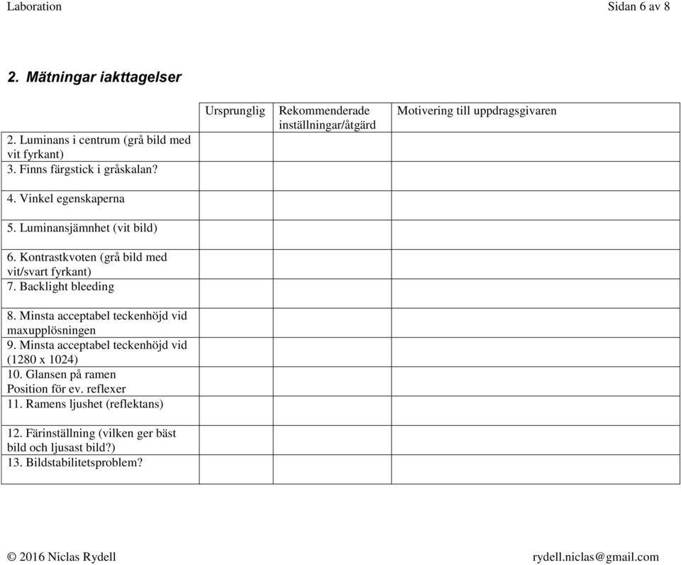 Kontrastkvoten (grå bild med vit/svart fyrkant) 7. Backlight bleeding 8. Minsta acceptabel teckenhöjd vid maxupplösningen 9.