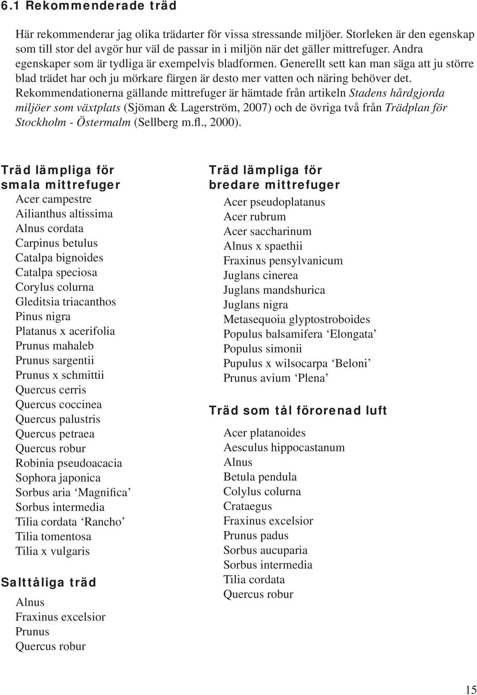 Rekommendationerna gällande mittrefuger är hämtade från artikeln Stadens hårdgjorda miljöer som växtplats (Sjöman & Lagerström, 2007) och de övriga två från Trädplan för Stockholm - Östermalm
