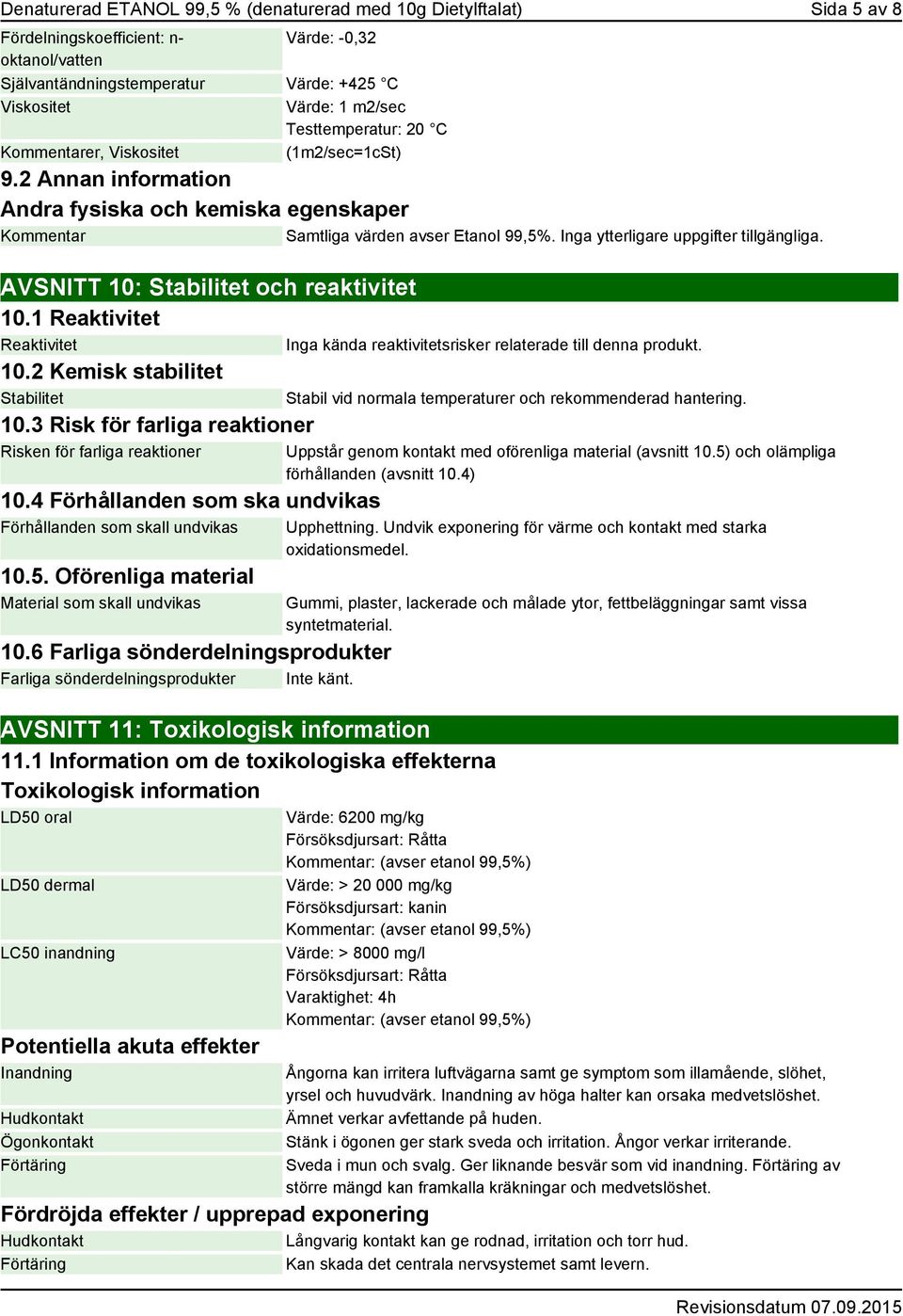 Inga ytterligare uppgifter tillgängliga. AVSNITT 10: Stabilitet och reaktivitet 10.1 Reaktivitet Reaktivitet 10.2 Kemisk stabilitet Stabilitet 10.