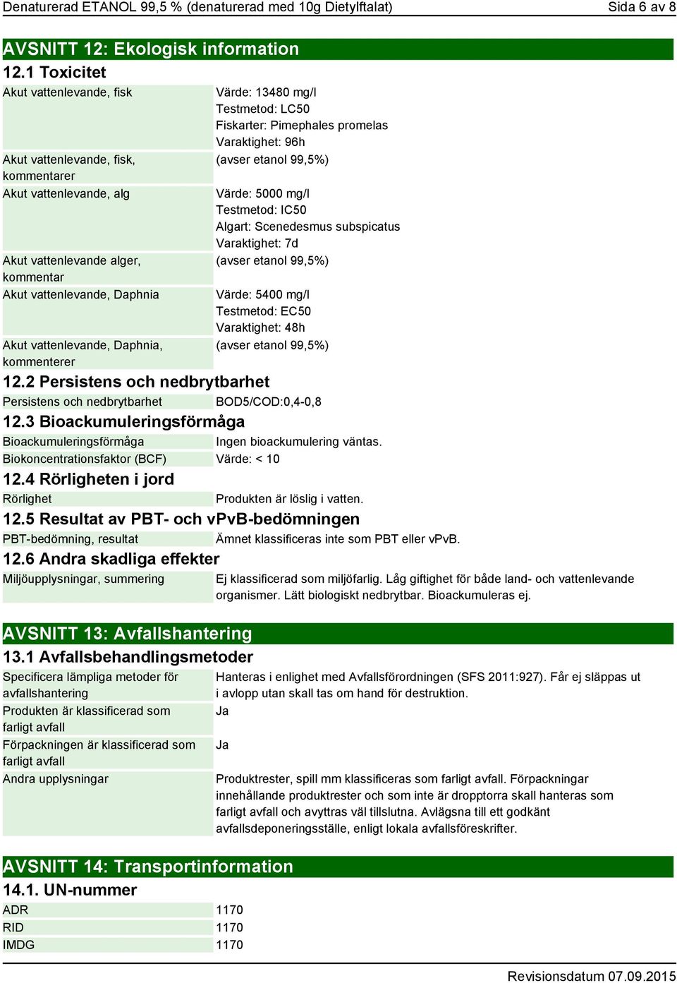 kommenterer Värde: 13480 mg/l Testmetod: LC50 Fiskarter: Pimephales promelas Varaktighet: 96h (avser etanol 99,5%) Värde: 5000 mg/l Testmetod: IC50 Algart: Scenedesmus subspicatus Varaktighet: 7d