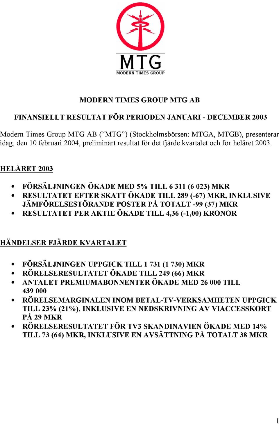 HELÅRET 2003 FÖRSÄLJNINGEN ÖKADE MED 5% TILL 6 311 (6 023) MKR RESULTATET EFTER SKATT ÖKADE TILL 289 (-67) MKR, INKLUSIVE JÄMFÖRELSESTÖRANDE POSTER PÅ TOTALT -99 (37) MKR RESULTATET PER AKTIE ÖKADE