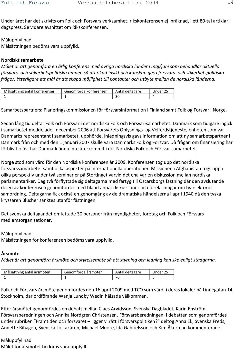 Nordiskt samarbete Målet är att genomföra en årlig konferens med övriga nordiska länder i maj/juni som behandlar aktuella försvars- och säkerhetspolitiska ämnen så att ökad insikt och kunskap ges i