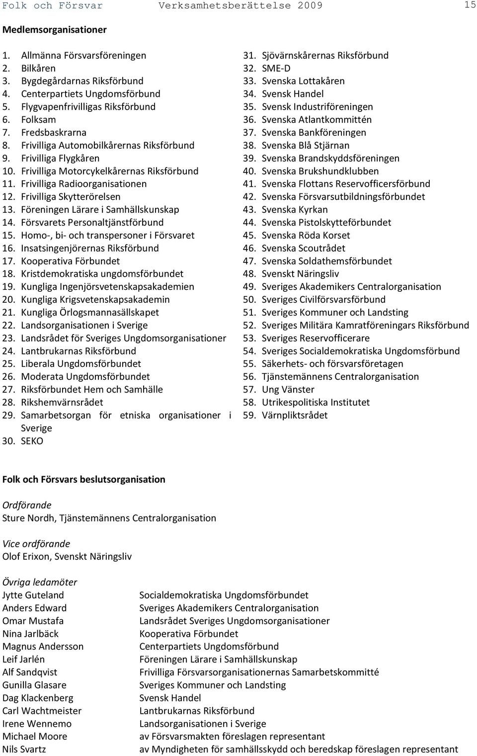 Frivilliga Radioorganisationen 12. Frivilliga Skytterörelsen 13. Föreningen Lärare i Samhällskunskap 14. Försvarets Personaltjänstförbund 15. Homo-, bi- och transpersoner i Försvaret 16.