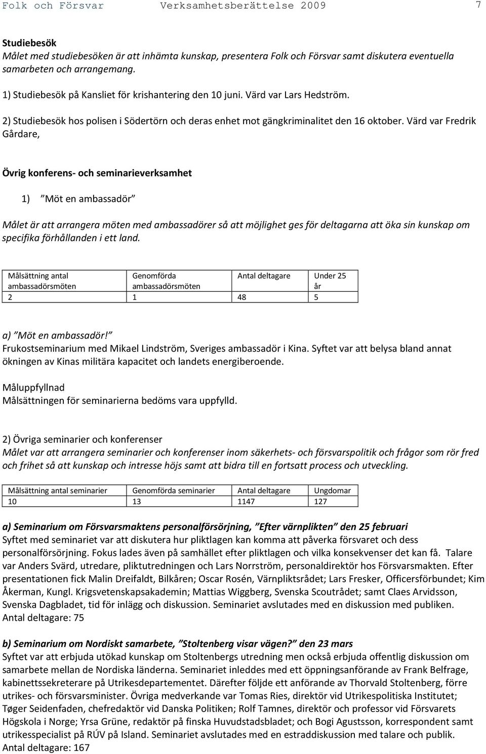 Värd var Fredrik Gårdare, Övrig konferens- och seminarieverksamhet 1) Möt en ambassadör Målet är att arrangera möten med ambassadörer så att möjlighet ges för deltagarna att öka sin kunskap om