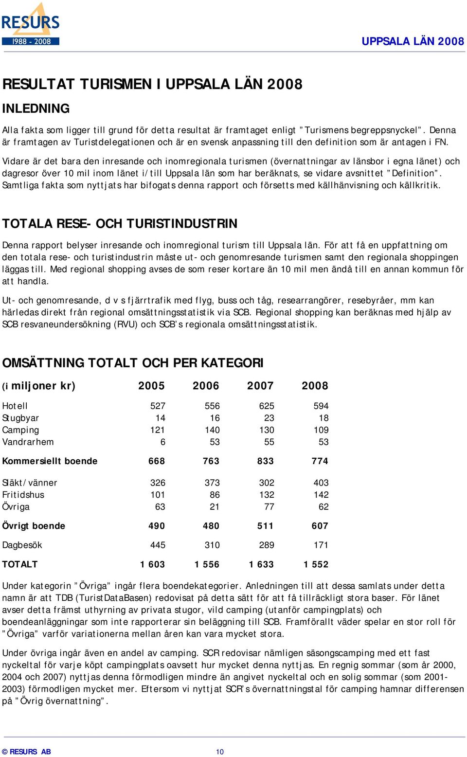 Vidare är det bara den inresande och inomregionala turismen (övernattningar av länsbor i egna länet) och dagresor över 1 mil inom länet i/till Uppsala län som har beräknats, se vidare avsnittet