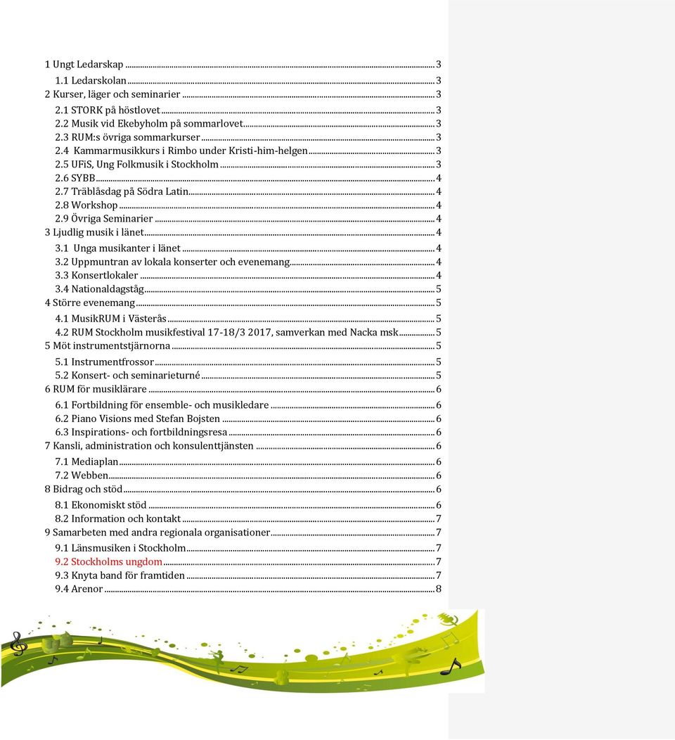 .. 4 3.2 Uppmuntran av lokala konserter och evenemang... 4 3.3 Konsertlokaler... 4 3.4 Nationaldagståg... 5 4 Större evenemang... 5 4.1 MusikRUM i Västerås... 5 4.2 RUM Stockholm musikfestival 17-18/3 2017, samverkan med Nacka msk.