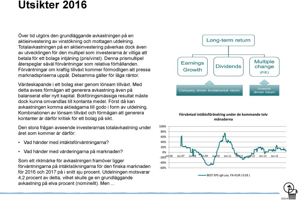 Denna prismultipel återspeglar såväl förväntningar som relativa förhållanden. Förväntningar om kraftig tillväxt kommer förmodligen att pressa marknadspriserna uppåt. Detsamma gäller för låga räntor.