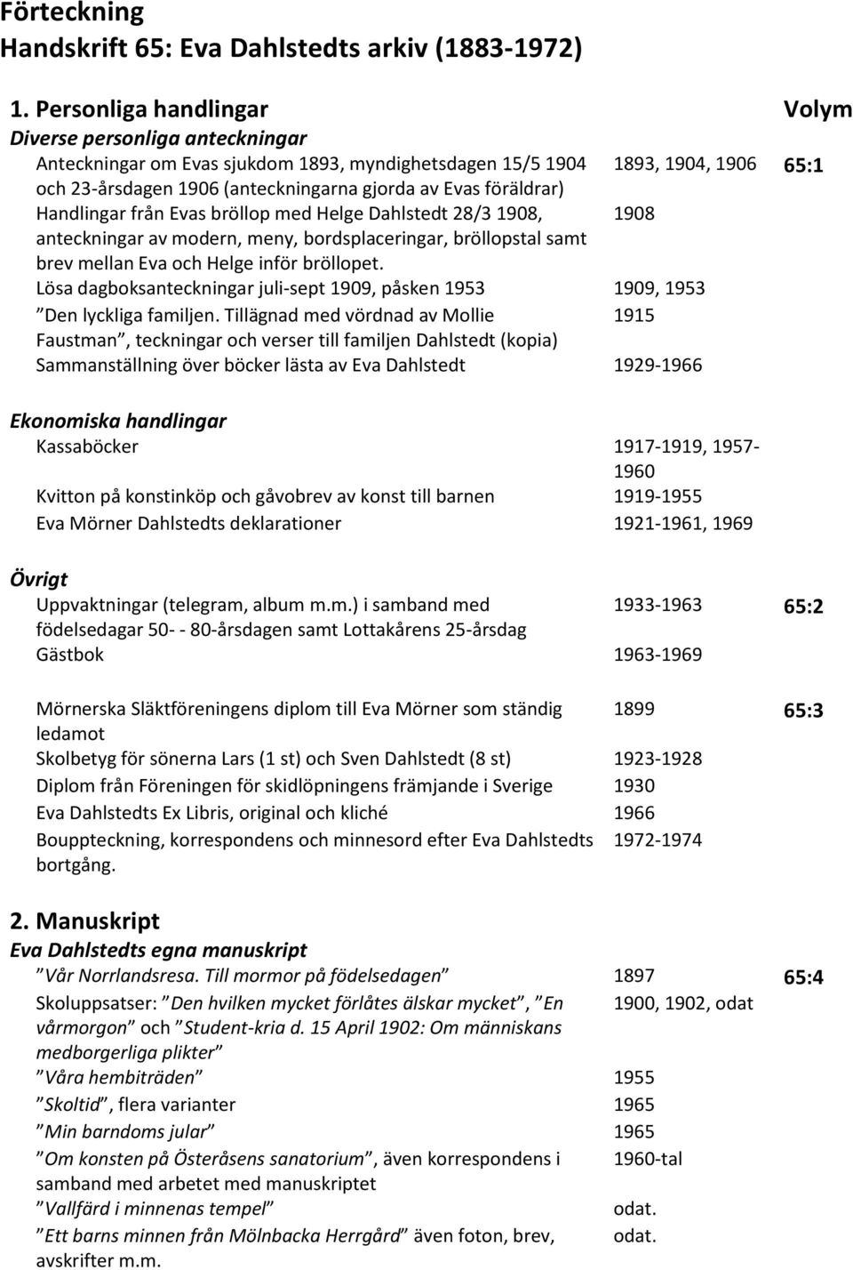 föräldrar) Handlingar från Evas bröllop med Helge Dahlstedt 28/3 1908, 1908 anteckningar av modern, meny, bordsplaceringar, bröllopstal samt brev mellan Eva och Helge inför bröllopet.