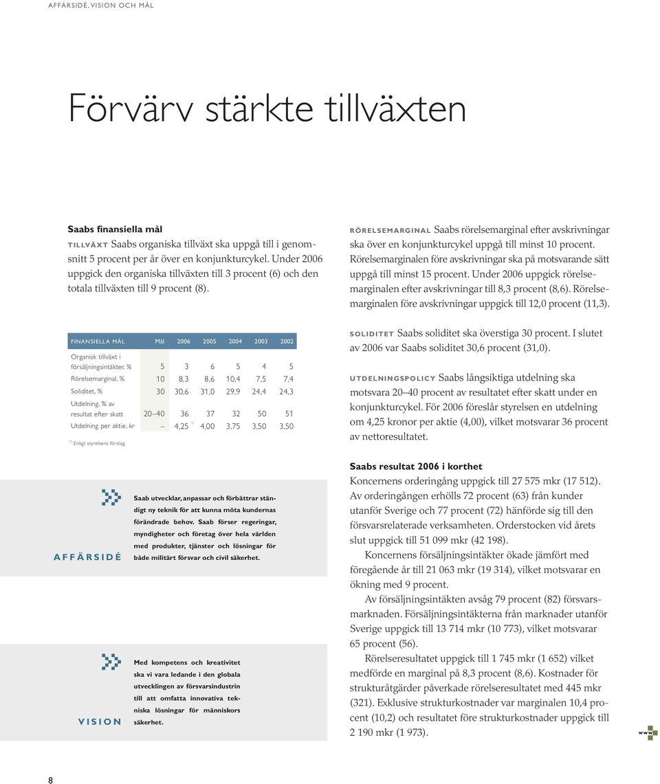 RÖRELSEMARGINAL Saabs rörelsemarginal efter avskrivningar ska över en konjunkturcykel uppgå till minst 10 procent.