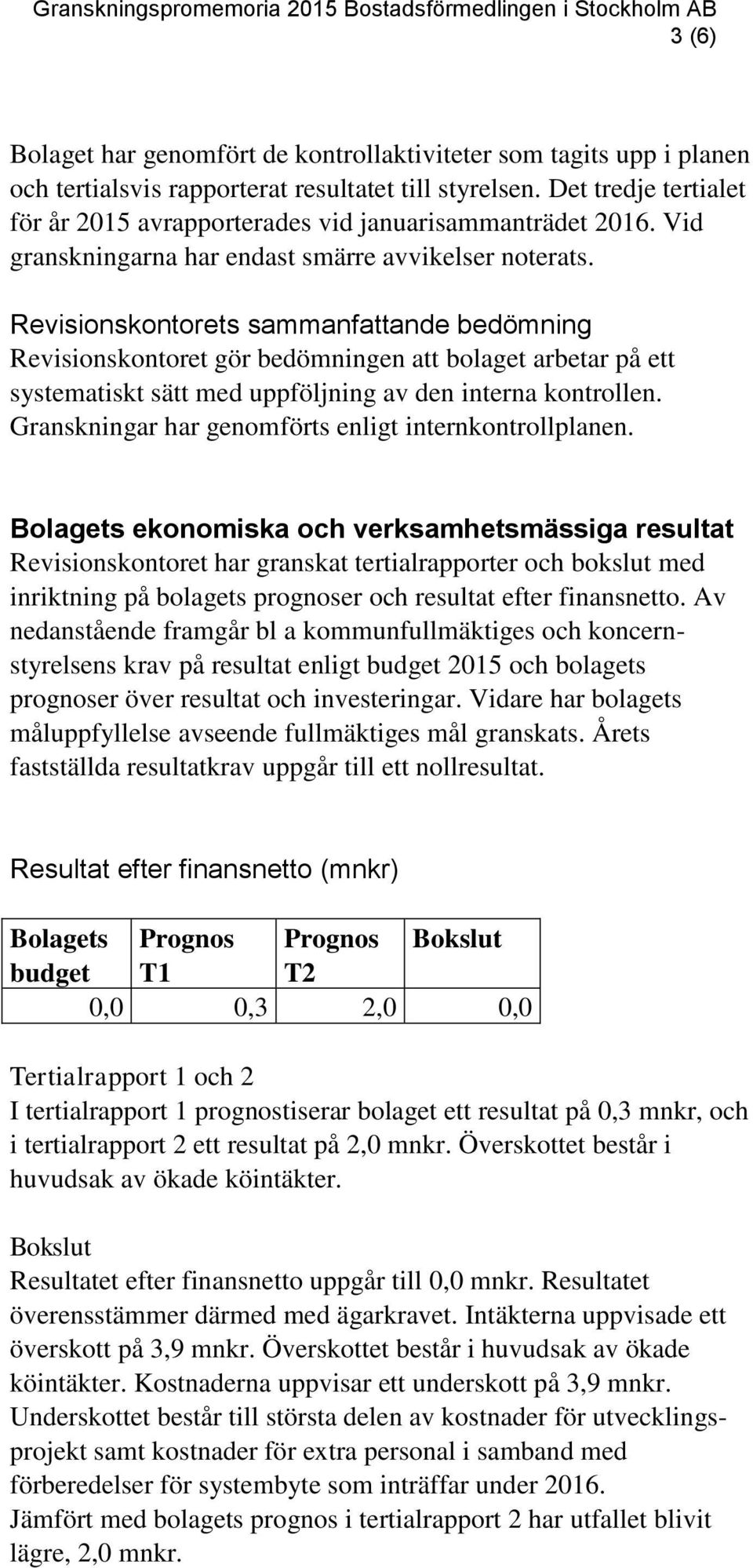 Revisionskontorets sammanfattande bedömning Revisionskontoret gör bedömningen att bolaget arbetar på ett systematiskt sätt med uppföljning av den interna kontrollen.