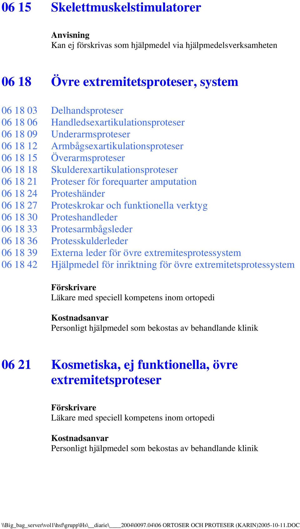 06 18 27 Proteskrokar och funktionella verktyg 06 18 30 Proteshandleder 06 18 33 Protesarmbågsleder 06 18 36 Protesskulderleder 06 18 39 Externa leder för övre extremitesprotessystem 06 18 42