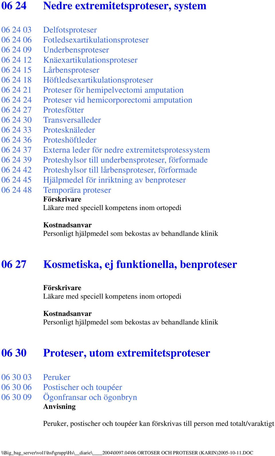 Protesknäleder 06 24 36 Proteshöftleder 06 24 37 Externa leder för nedre extremitetsprotessystem 06 24 39 Proteshylsor till underbensproteser, förformade 06 24 42 Proteshylsor till lårbensproteser,