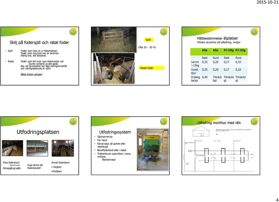 Ratat foder Lamm >15kg Vuxet djur Dräktig tacka Alla Alla Fri tillg Fri tillg Rakt Runt Rakt Runt 0,35 0,20 0,17 0,10 0,35 0,20 0,17 0,10 0,45 Tillräck ligt Tillräckli gt Tillräckli gt Utfodring