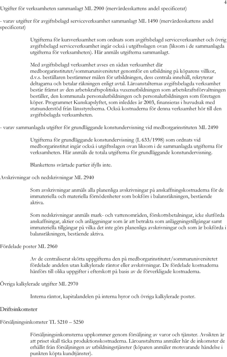 verksamheten). Här anmäls utgifterna sammanlagt. Med avgiftsbelagd verksamhet avses en sådan verksamhet där medborgarinstitutet/sommaruniversitetet genomför en utbildning på köparens villkor, d.v.s. beställaren bestämmer målen för utbildningen, dess centrala innehåll, rekryterar deltagarna och betalar räkningen enligt avtal.