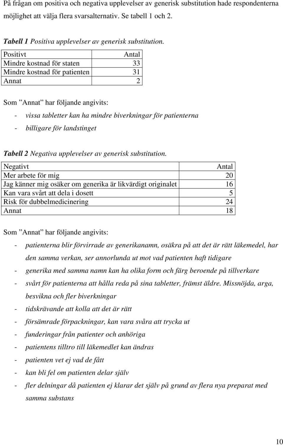 Positivt Antal Mindre kostnad för staten 33 Mindre kostnad för patienten 31 Annat 2 Som Annat har följande angivits: - vissa tabletter kan ha mindre biverkningar för patienterna - billigare för