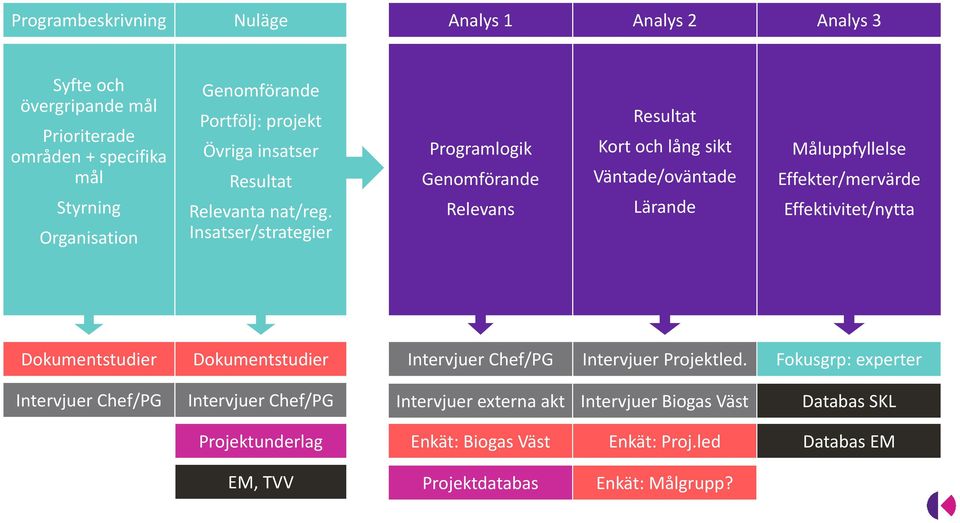 Insatser/strategier Programlogik Genomförande Relevans Resultat Kort och lång sikt Väntade/oväntade Lärande Måluppfyllelse Effekter/mervärde Effektivitet/nytta