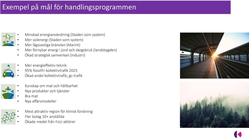 energieffektiv teknik 95% fossilfri kollektivtrafik 2025 Ökad andel kollektivtrafik, gc-trafik Kunskap om mat och hållbarhet Nya