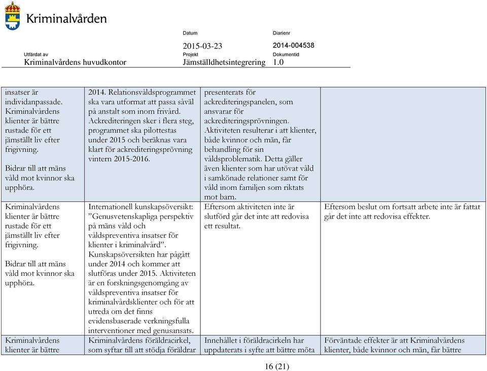 Relationsvåldsprogrammet ska vara utformat att passa såväl på anstalt som inom frivård.