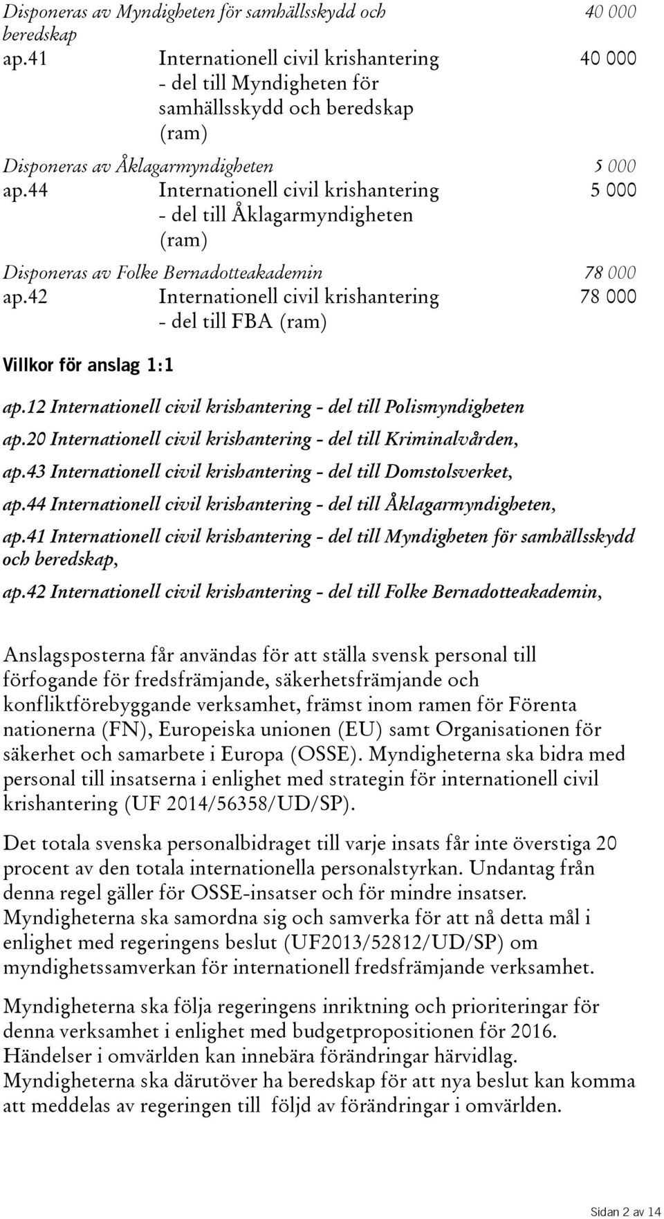 44 Internationell civil krishantering - del till Åklagarmyndigheten (ram) 5000 Disponeras av Folke Bernadotteakademin 78 000 ap.