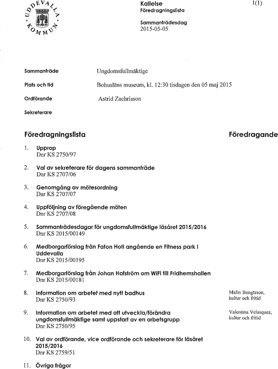 ar för ungdomsfullmäktige läsåret 2015/2016 Dnr KS 2015/00149 6. Medborgarförslag från Foton Hoti angående en Fliness park l Uddevalla Dnr KS 2015/00195 7.