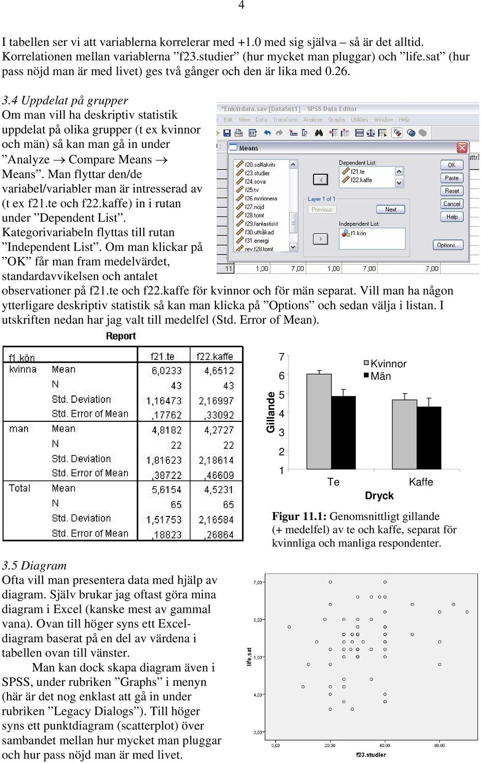 4 Uppdelat på grupper Om man vill ha deskriptiv statistik uppdelat på olika grupper (t ex kvinnor och män) så kan man gå in under Analyze Compare Means Means.