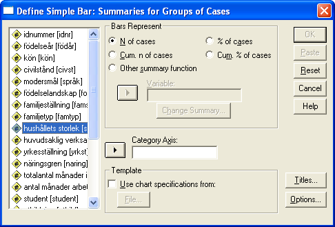 För att med hjälp av SPSS åstadkomma ett stapeldiagram kan man från meny Graphs välja Bar, därefter i följande fönster ange Simple och Define, och slutligen i det sista fönstret välja vilken variabel