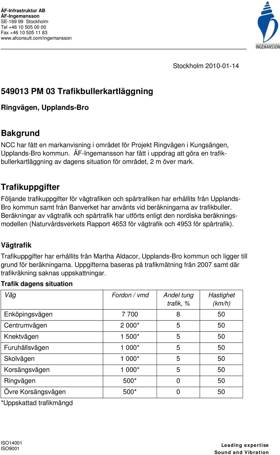 har fått i uppdrag att göra en trafikbullerkartläggning av dagens situation för orådet, 2 över ark.