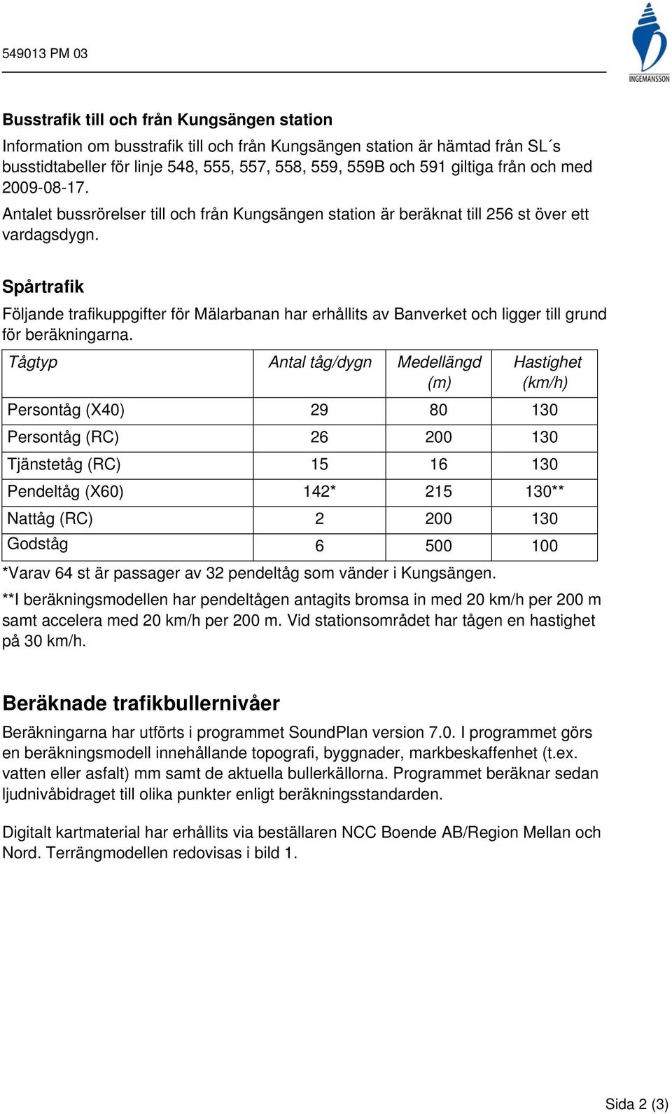 Spårtrafik Följande trafikuppgifter för Mälarbanan har erhållits av Banverket och ligger till grund för beräkningarna.