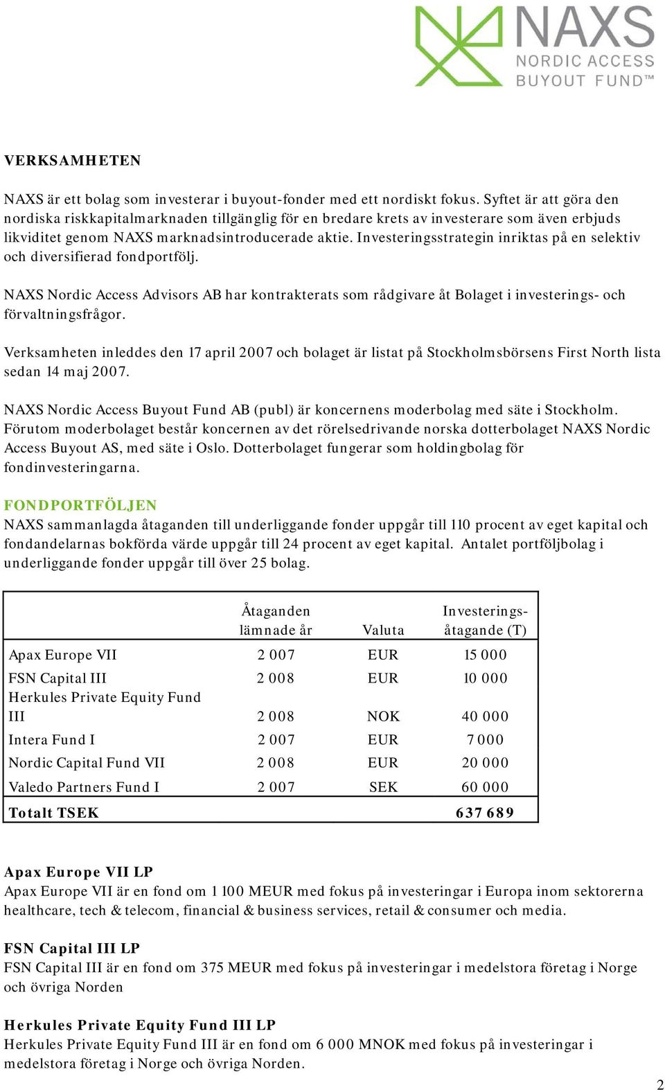 Investeringsstrategin inriktas på en selektiv och diversifierad fondportfölj. NAXS Nordic Access Advisors AB har kontrakterats som rådgivare åt Bolaget i investerings- och förvaltningsfrågor.