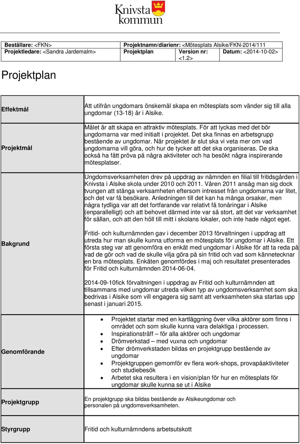 Målet är att skapa en attraktiv mötesplats. För att lyckas med det bör ungdomarna var med initialt i projektet. Det ska finnas en arbetsgrupp bestående av ungdomar.
