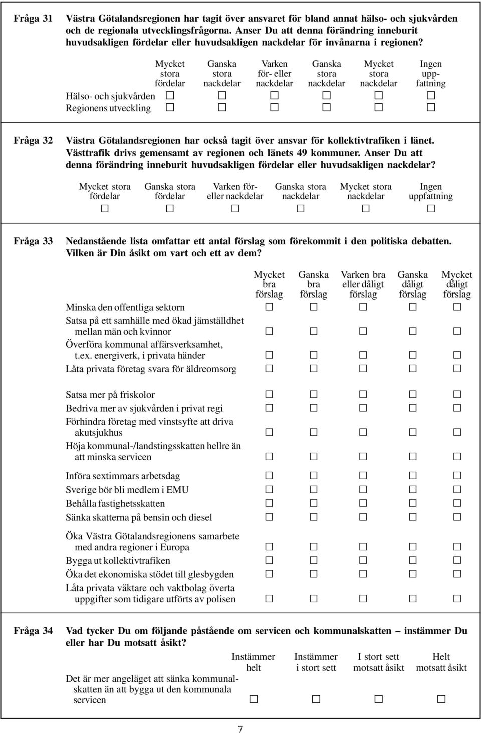 Mycket Ganska Varken Ganska Mycket Ingen stora stora för- eller stora stora uppfördelar nackdelar nackdelar nackdelar nackdelar fattning Hälso- och sjukvården Regionens utveckling Fråga 32 Västra