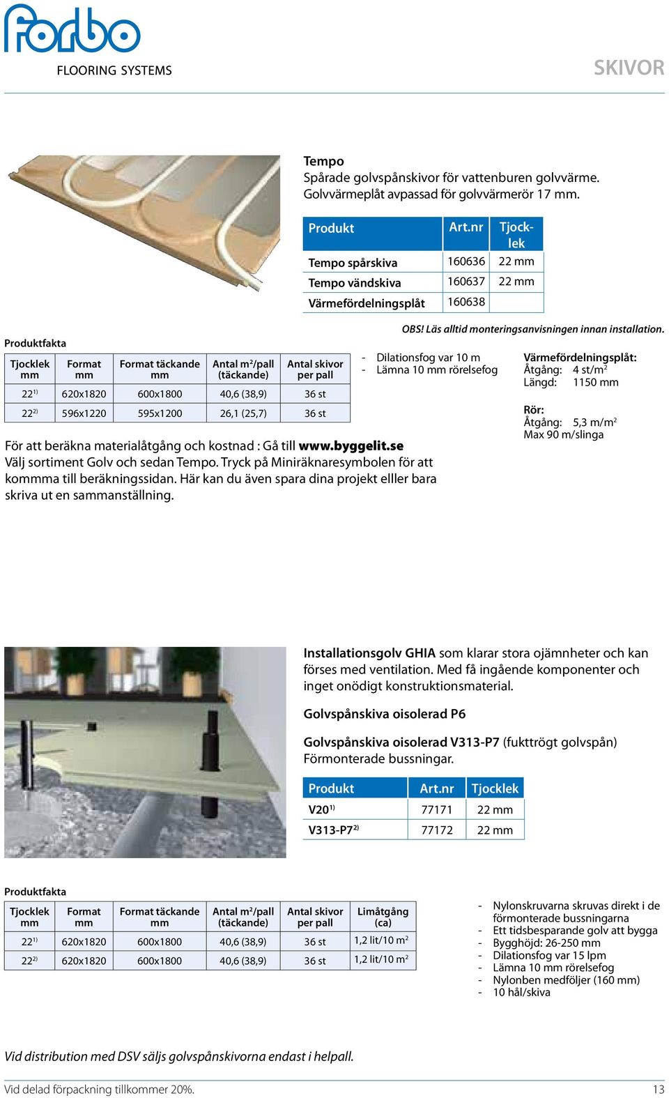 nr Tjocklek Tempo spårskiva 160636 22 mm Tempo vändskiva 160637 22 mm Värmefördelningsplåt 160638 - Dilationsfog var 10 m - Lämna 10 mm rörelsefog För att beräkna materialåtgång och kostnad : Gå till