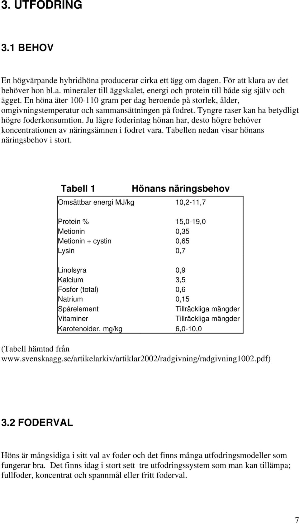 Ju lägre foderintag hönan har, desto högre behöver koncentrationen av näringsämnen i fodret vara. Tabellen nedan visar hönans näringsbehov i stort.