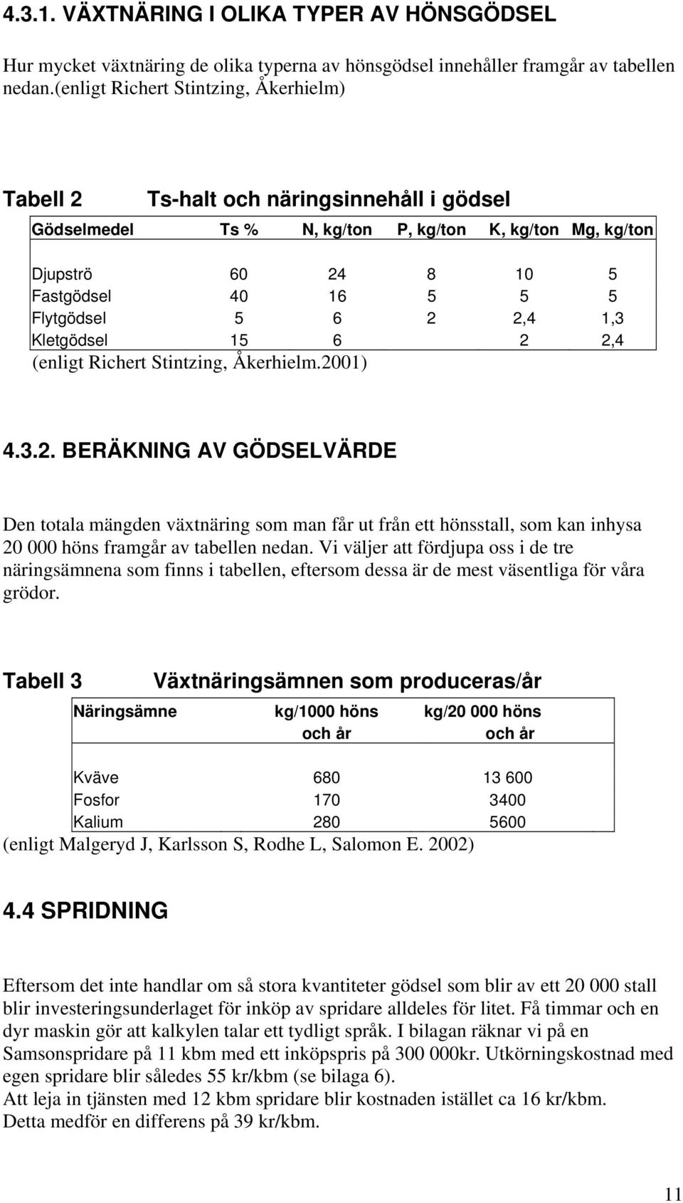 6 2 2,4 1,3 Kletgödsel 15 6 2 2,4 (enligt Richert Stintzing, Åkerhielm.2001) 4.3.2. BERÄKNING AV GÖDSELVÄRDE Den totala mängden växtnäring som man får ut från ett hönsstall, som kan inhysa 20 000 höns framgår av tabellen nedan.