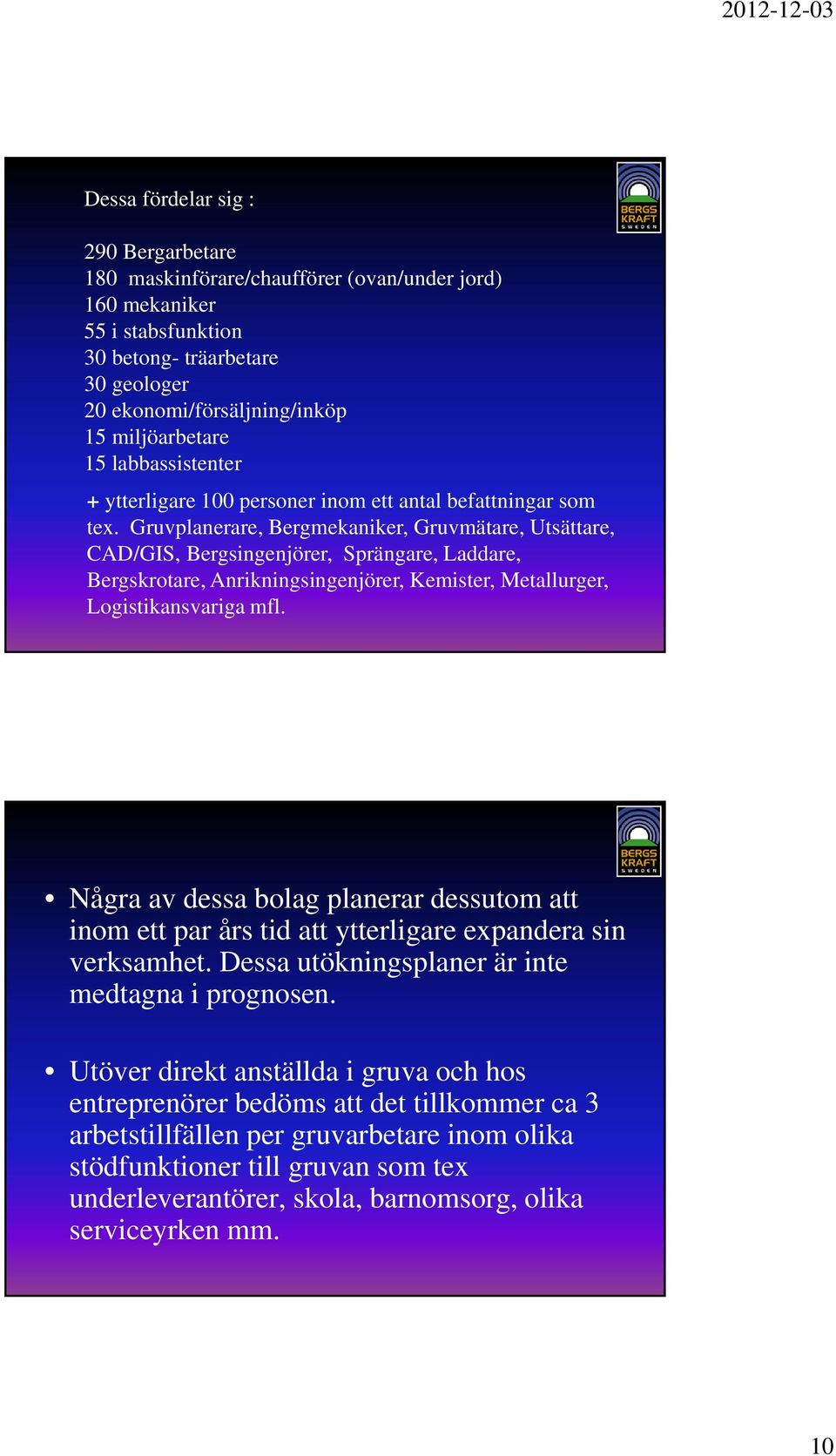 Gruvplanerare, Bergmekaniker, Gruvmätare, Utsättare, CAD/GIS, Bergsingenjörer, Sprängare, Laddare, Bergskrotare, Anrikningsingenjörer, Kemister, Metallurger, Logistikansvariga mfl.