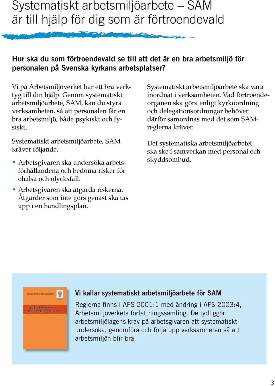 Systematiskt arbetsmiljöarbete, SAM kräver följande. Arbetsgivaren ska undersöka arbetsförhållandena och bedöma risker för ohälsa och olycksfall. Arbetsgivaren ska åtgärda riskerna.