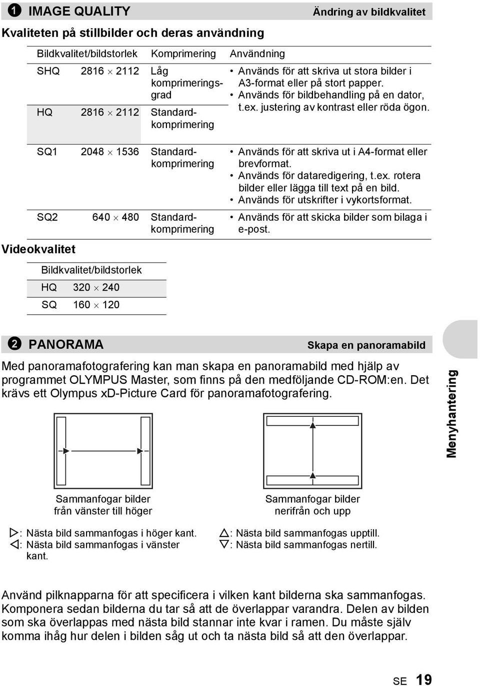 SQ1 2048 1536 Standardkomprimering SQ2 640 480 Standardkomprimering Videokvalitet Bildkvalitet/bildstorlek HQ 320 240 SQ 160 120 Används för att skriva ut i A4-format eller brevformat.