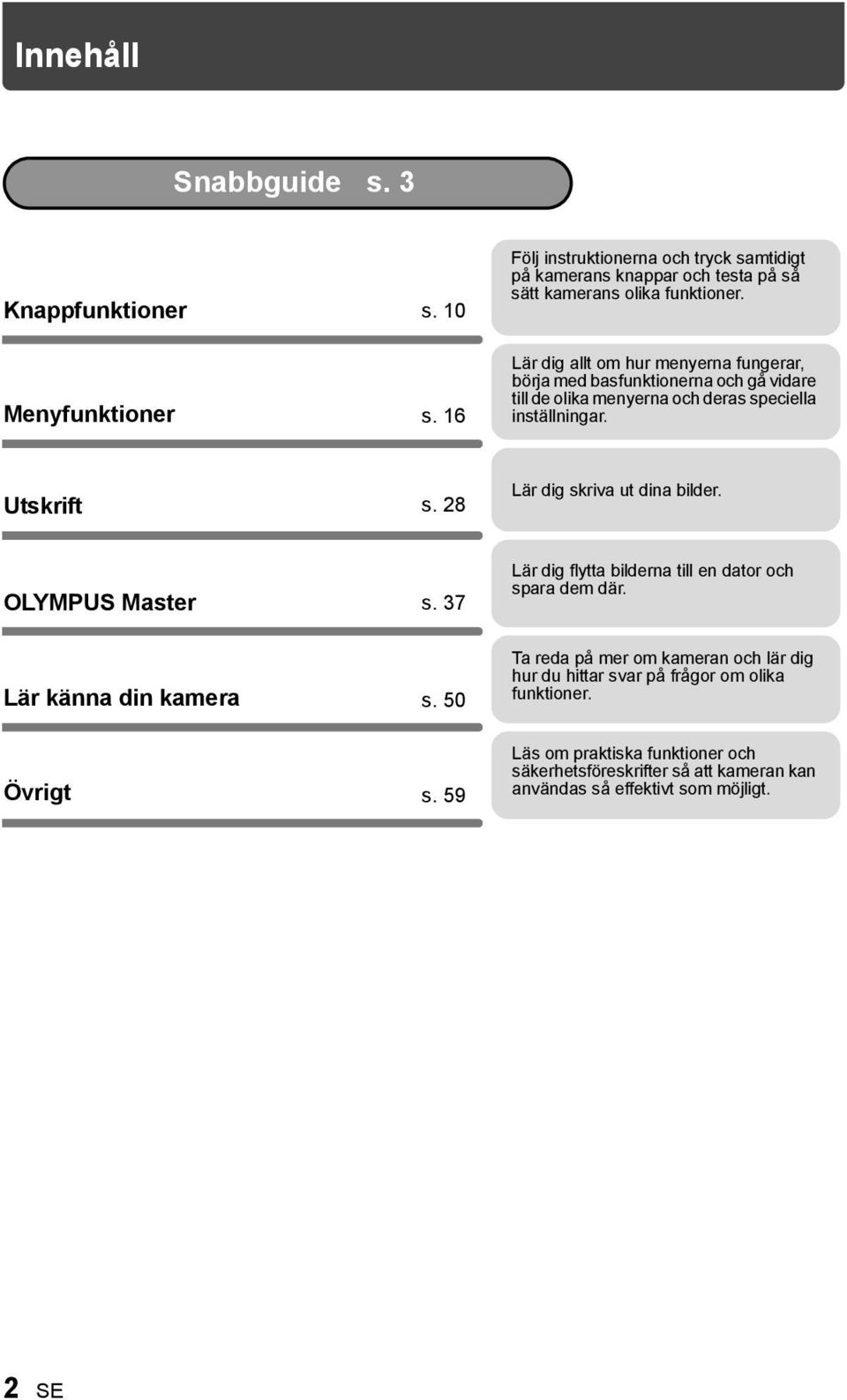 28 Lär dig skriva ut dina bilder. OLYMPUS Master s. 37 Lär dig flytta bilderna till en dator och spara dem där. Lär känna din kamera s.