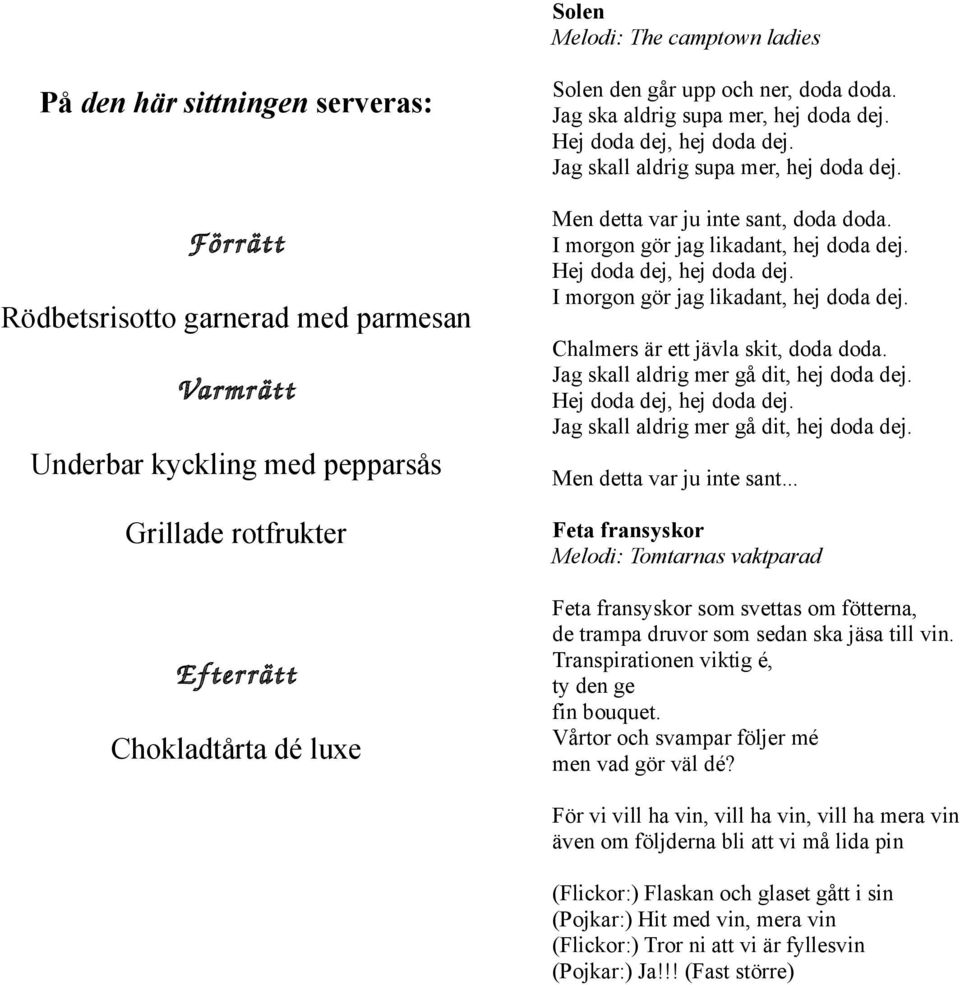 I morgon gör jag likadant, hej doda dej. Hej doda dej, hej doda dej. I morgon gör jag likadant, hej doda dej. Chalmers är ett jävla skit, doda doda. Jag skall aldrig mer gå dit, hej doda dej.