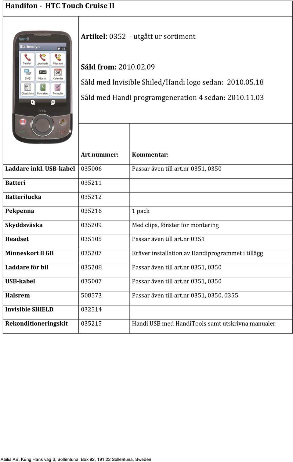 nr 0351, 0350 Batteri 035211 Batterilucka 035212 Pekpenna 035216 1 pack Skyddsväska 035209 Med clips, fönster för montering Headset 035105 Passar även till art.