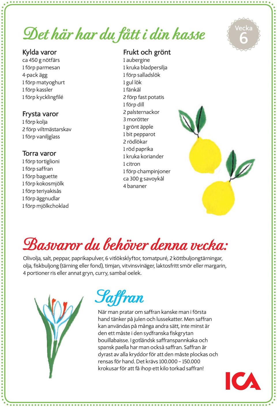 förp salladslök 1 gul lök 1 fänkål 2 förp fast potatis 1 förp dill 2 palsternackor 3 morötter 1 grönt äpple 1 bit pepparot 2 rödlökar 1 röd paprika 1 kruka koriander 1 citron 1 förp champinjoner ca