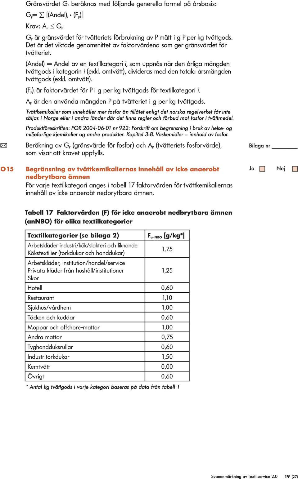 omtvätt), divideras med den totaa årsmängden tvättgods (exk. omtvätt). (F P ) i är faktorvärdet för P i g per kg tvättgods för textikategori i.