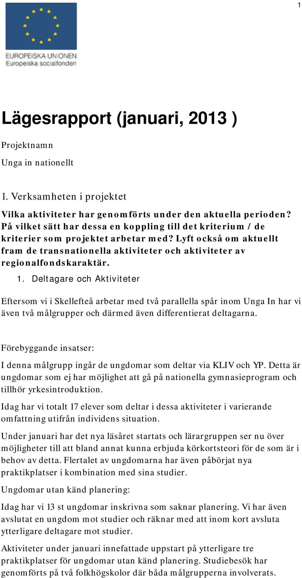 1. Deltagare och Aktiviteter Eftersom vi i Skellefteå arbetar med två parallella spår inom Unga In har vi även två målgrupper och därmed även differentierat deltagarna.