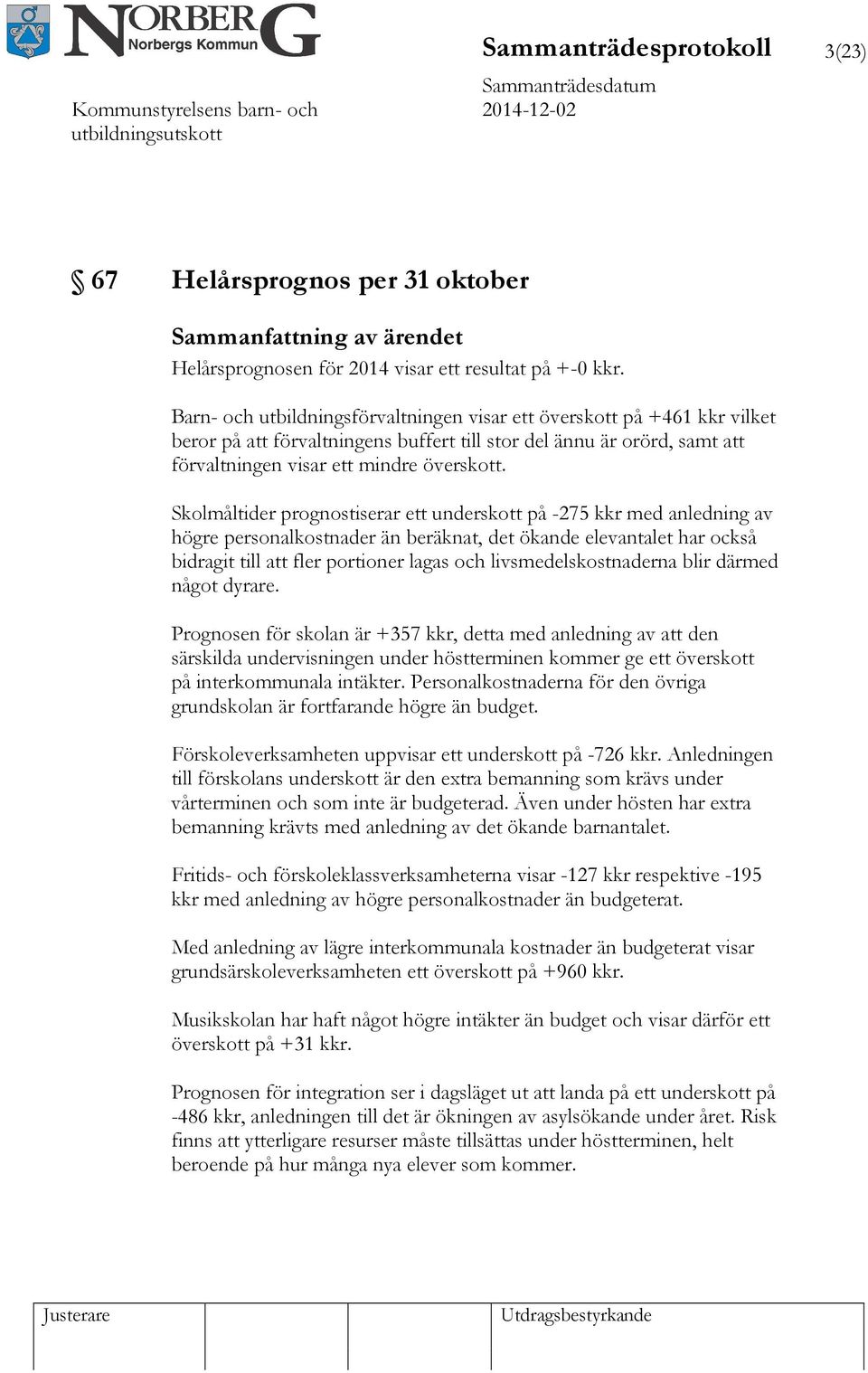 Skolmåltider prognostiserar ett underskott på -275 kkr med anledning av högre personalkostnader än beräknat, det ökande elevantalet har också bidragit till att fler portioner lagas och