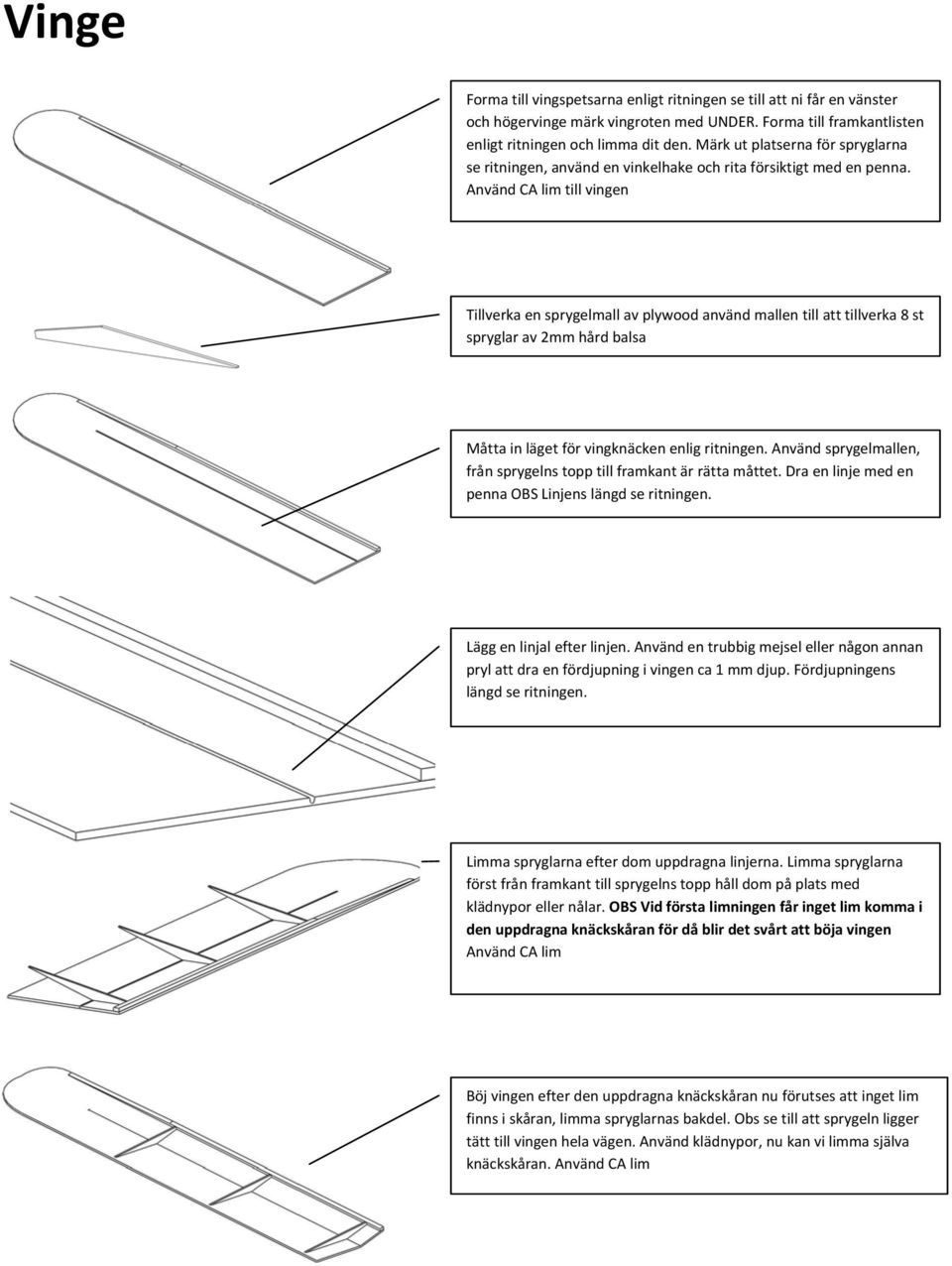 Använd CA lim till vingen Tillverka en sprygelmall av plywood använd mallen till att tillverka 8 st spryglar av 2mm hård balsa Måtta in läget för vingknäcken enlig ritningen.