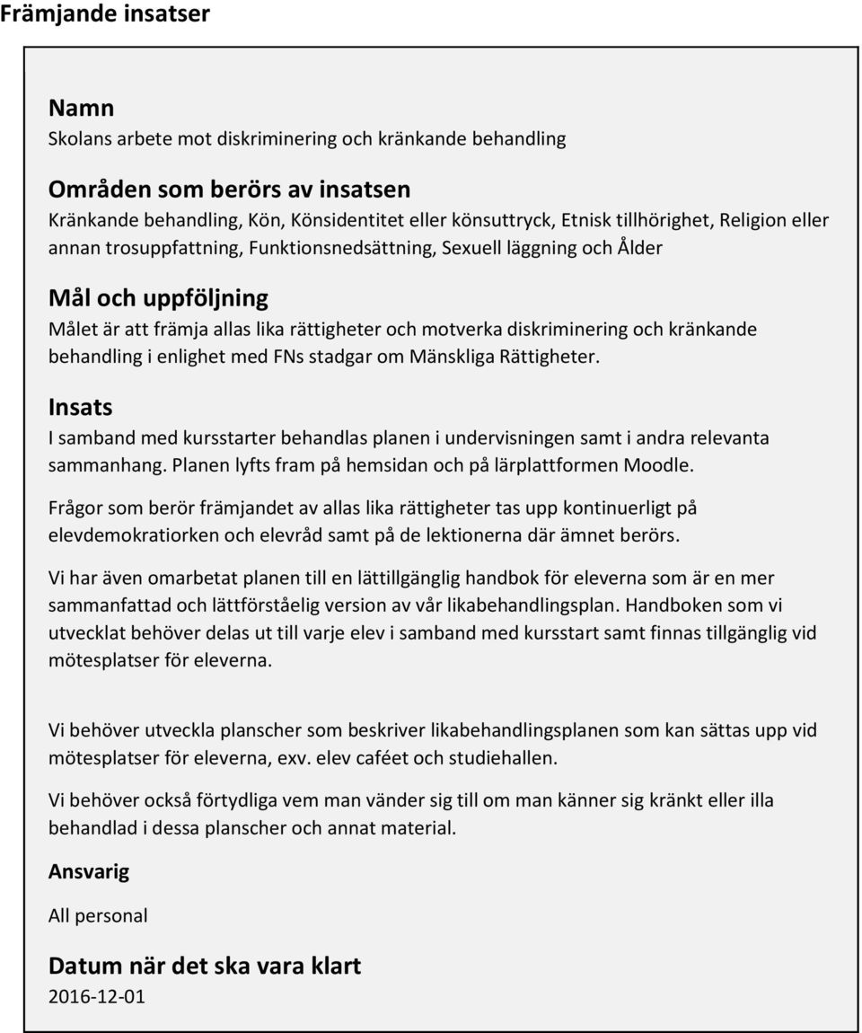 behandling i enlighet med FNs stadgar om Mänskliga Rättigheter. Insats I samband med kursstarter behandlas planen i undervisningen samt i andra relevanta sammanhang.