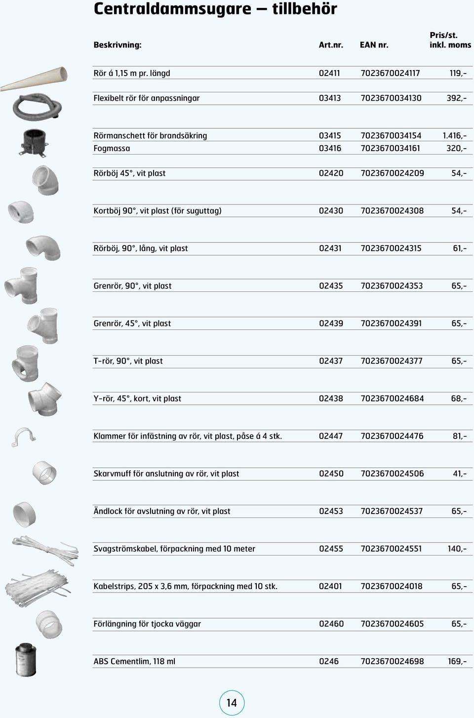 416,- Fogmassa 03416 7023670034161 320,- Rörböj 45, vit plast 02420 7023670024209 54,- Kortböj 90, vit plast (för suguttag) 02430 7023670024308 54,- Rörböj, 90, lång, vit plast 02431 7023670024315