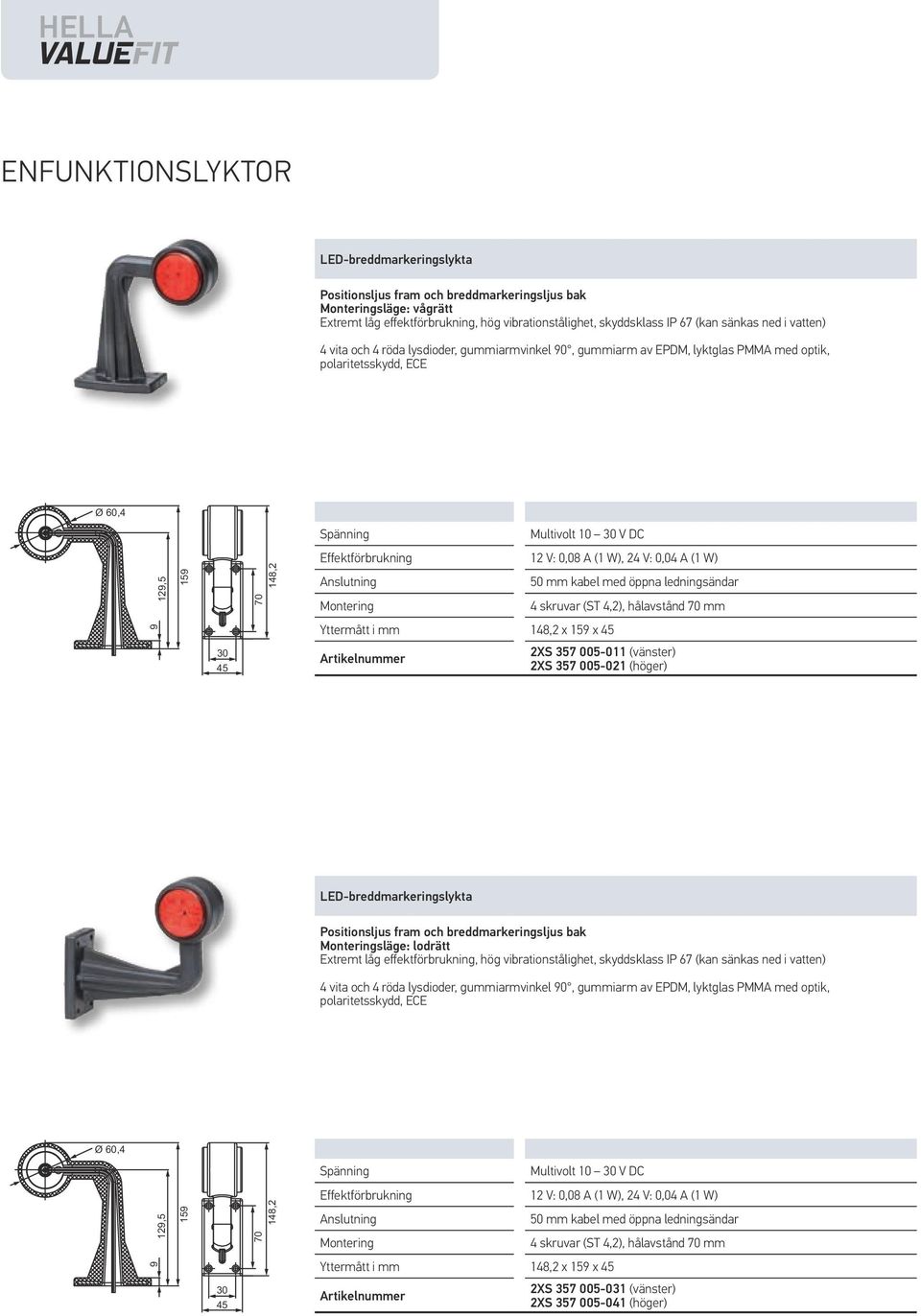 med öppna ledningsändar 4 skruvar (ST 4,2), hålavstånd 70 mm 9 Yttermått i mm 148,2 x 159 x 30 2XS 357 005-011 (vänster) 2XS 357 005-021 (höger) LED-breddmarkeringslykta Positionsljus fram och