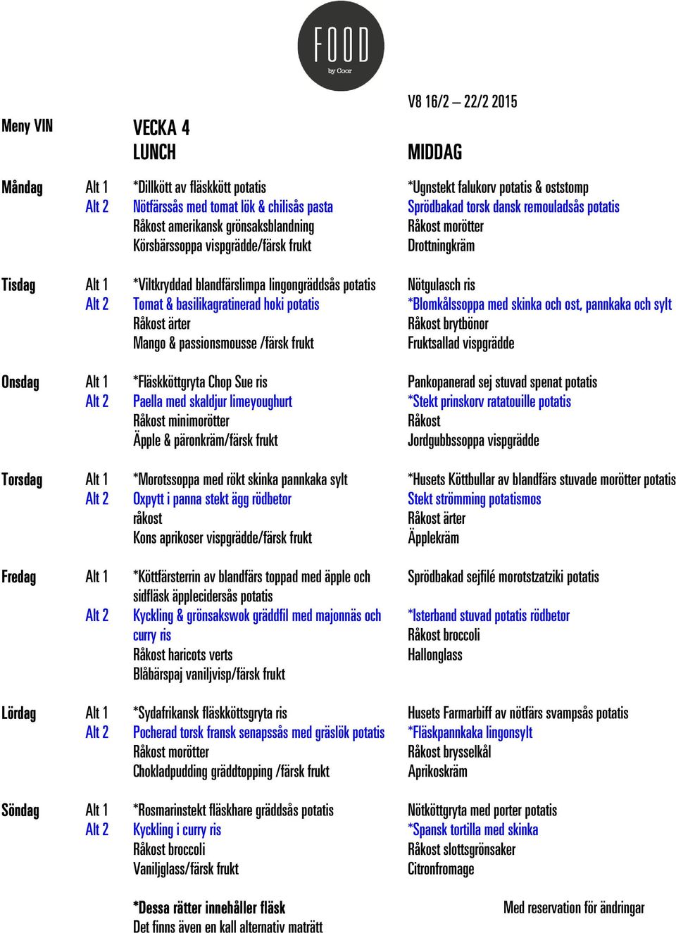 stekt ägg rödbetor råkost Kons aprikoser vispgrädde/färsk frukt *Köttfärsterrin av blandfärs toppad med äpple och sidfläsk äpplecidersås Kyckling & grönsakswok gräddfil med majonnäs och curry ris