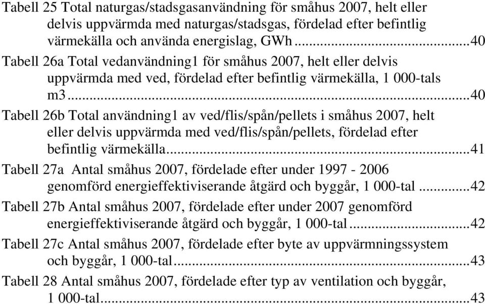 ..40 Tabell 26b Total användning1 av ved/flis/spån/pellets i småhus 2007, helt eller delvis uppvärmda med ved/flis/spån/pellets, fördelad efter befintlig värmekälla.